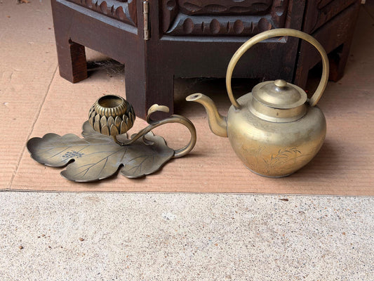 Vintage Brass Teapot & Lotus Leaf Candlestick Set Chased Floral Teaware Accent
