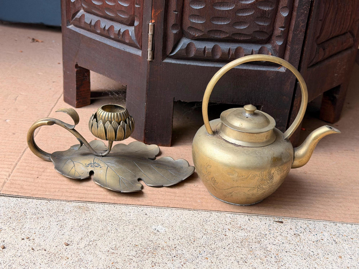 Vintage Brass Teapot & Lotus Leaf Candlestick Set Chased Floral Teaware Accent