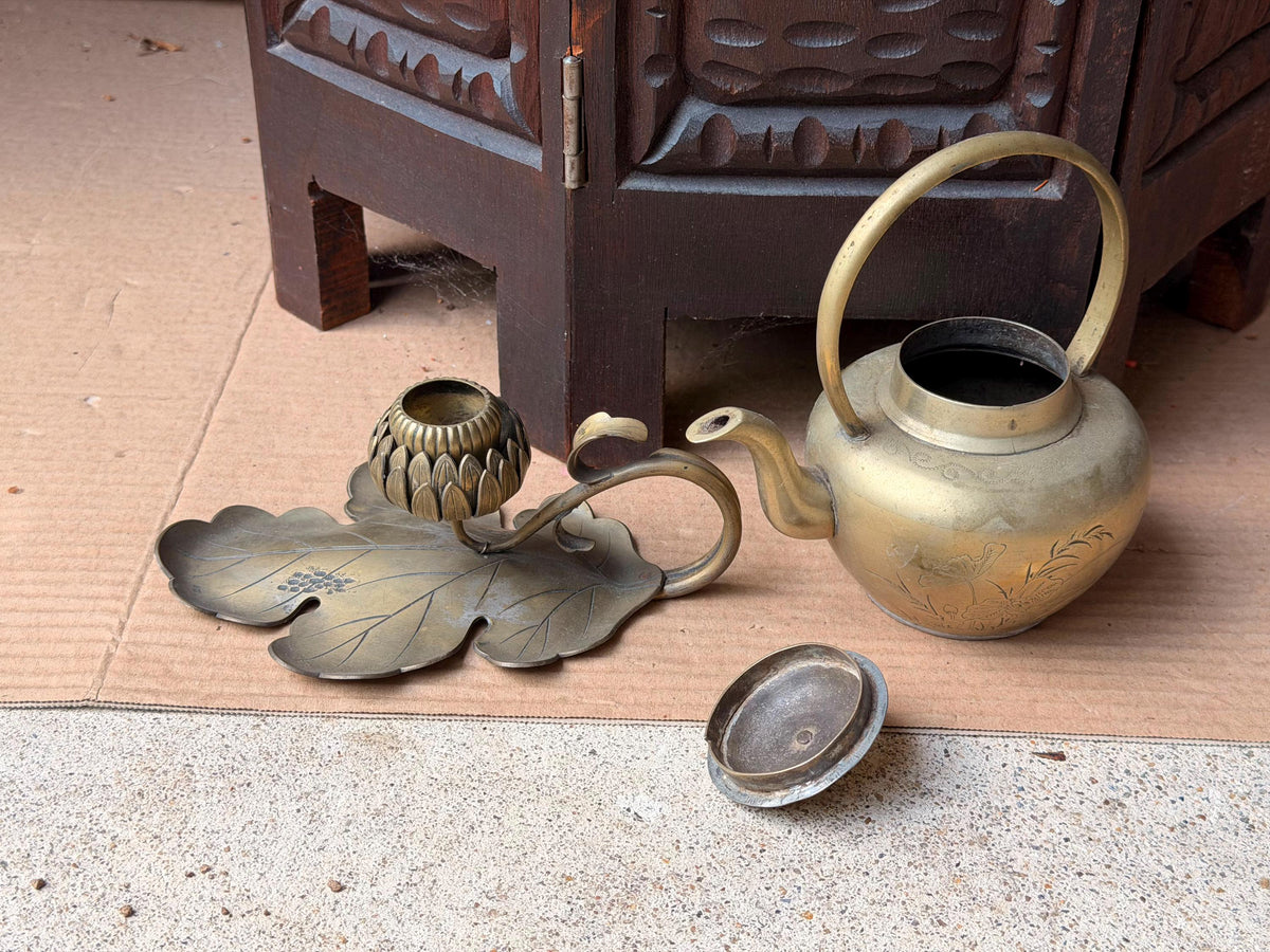 Vintage Brass Teapot & Lotus Leaf Candlestick Set Chased Floral Teaware Accent