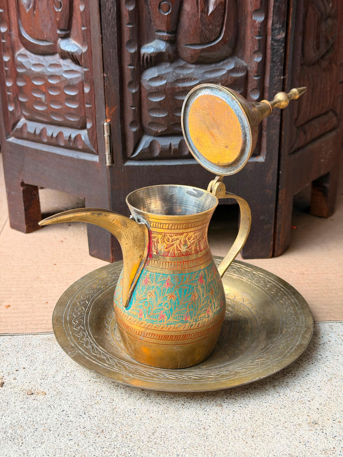 Vintage Indian Brass Dallah Coffee Pot Enamel Floral Pitcher Underplate Set