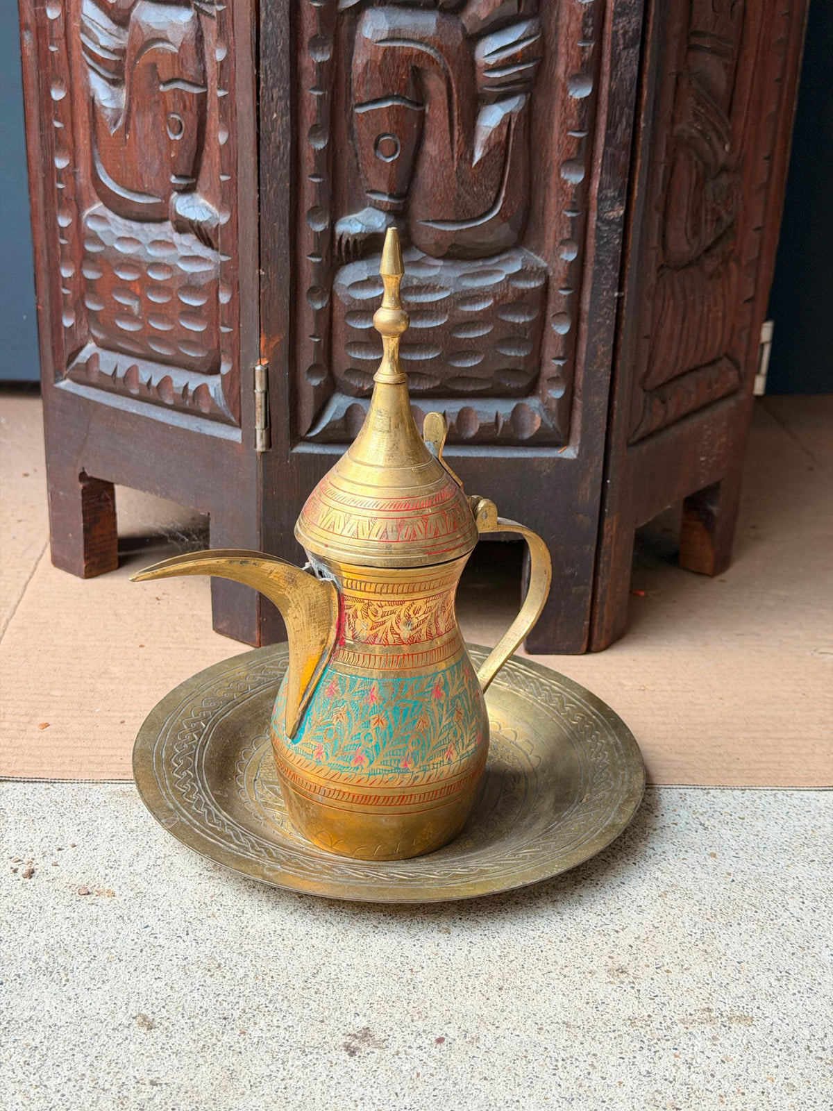 Vintage Indian Brass Dallah Coffee Pot Enamel Floral Pitcher Underplate Set
