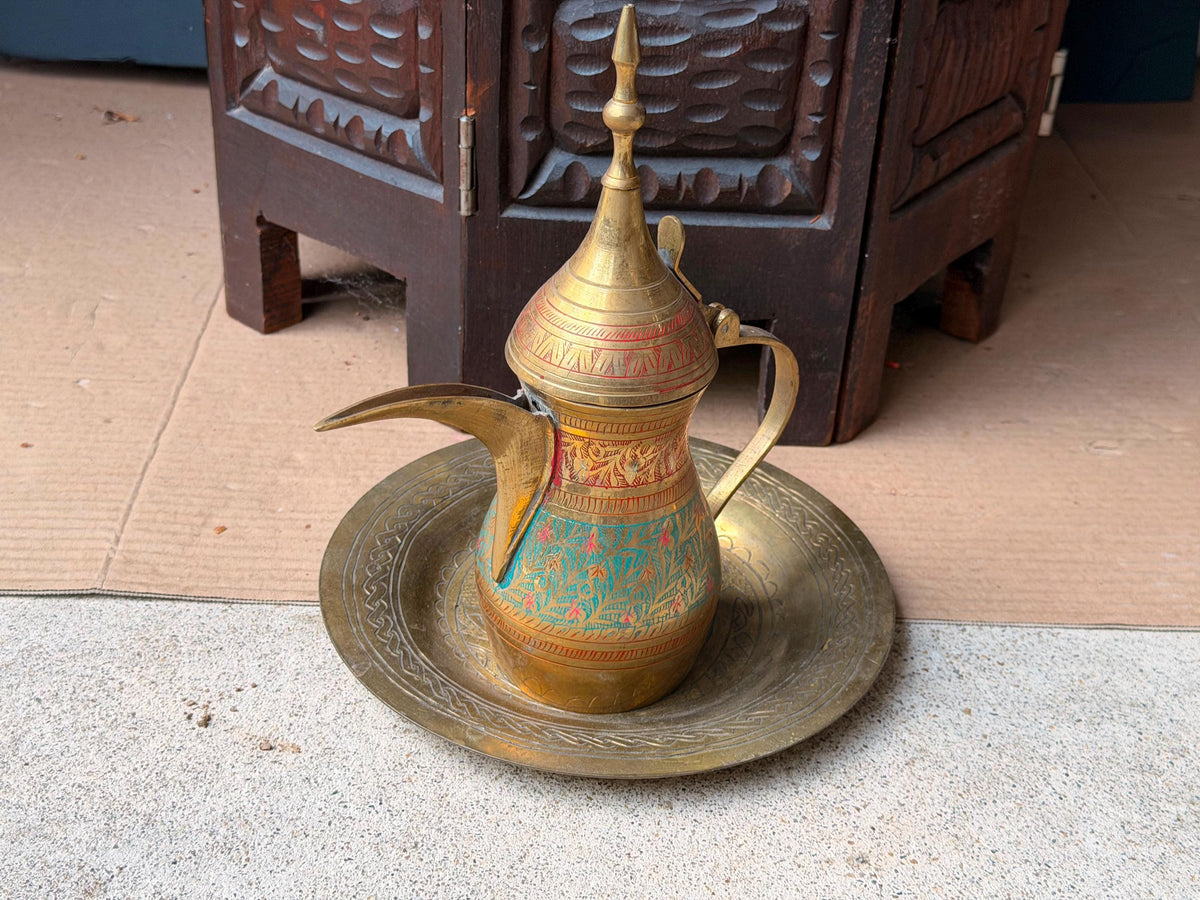Vintage Indian Brass Dallah Coffee Pot Enamel Floral Pitcher Underplate Set