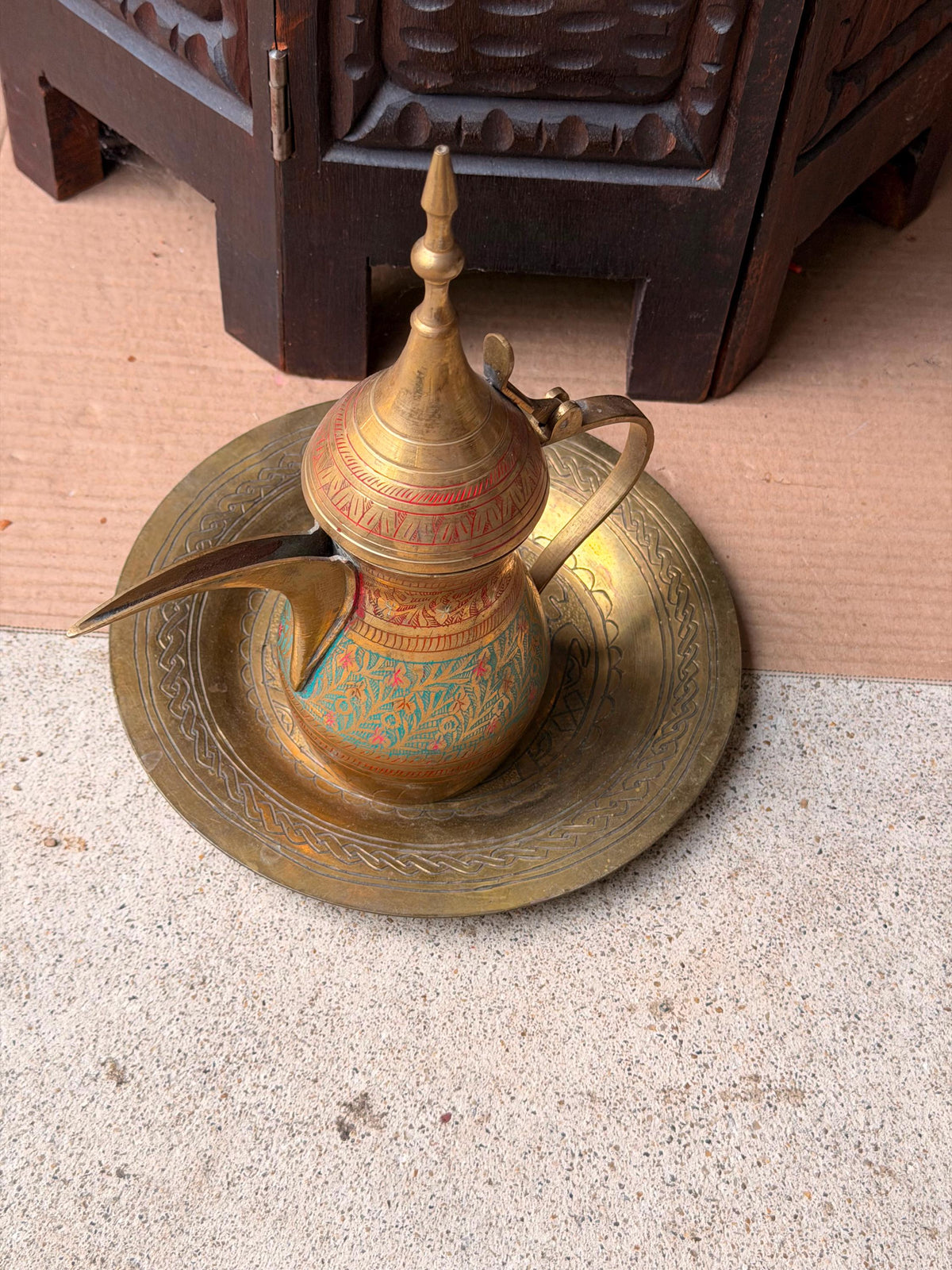 Vintage Indian Brass Dallah Coffee Pot Enamel Floral Pitcher Underplate Set