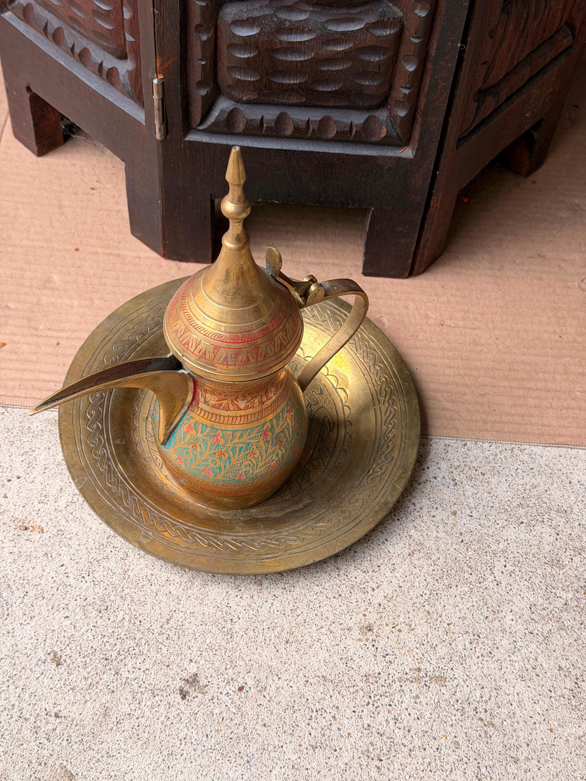 Vintage Indian Brass Dallah Coffee Pot Enamel Floral Pitcher Underplate Set