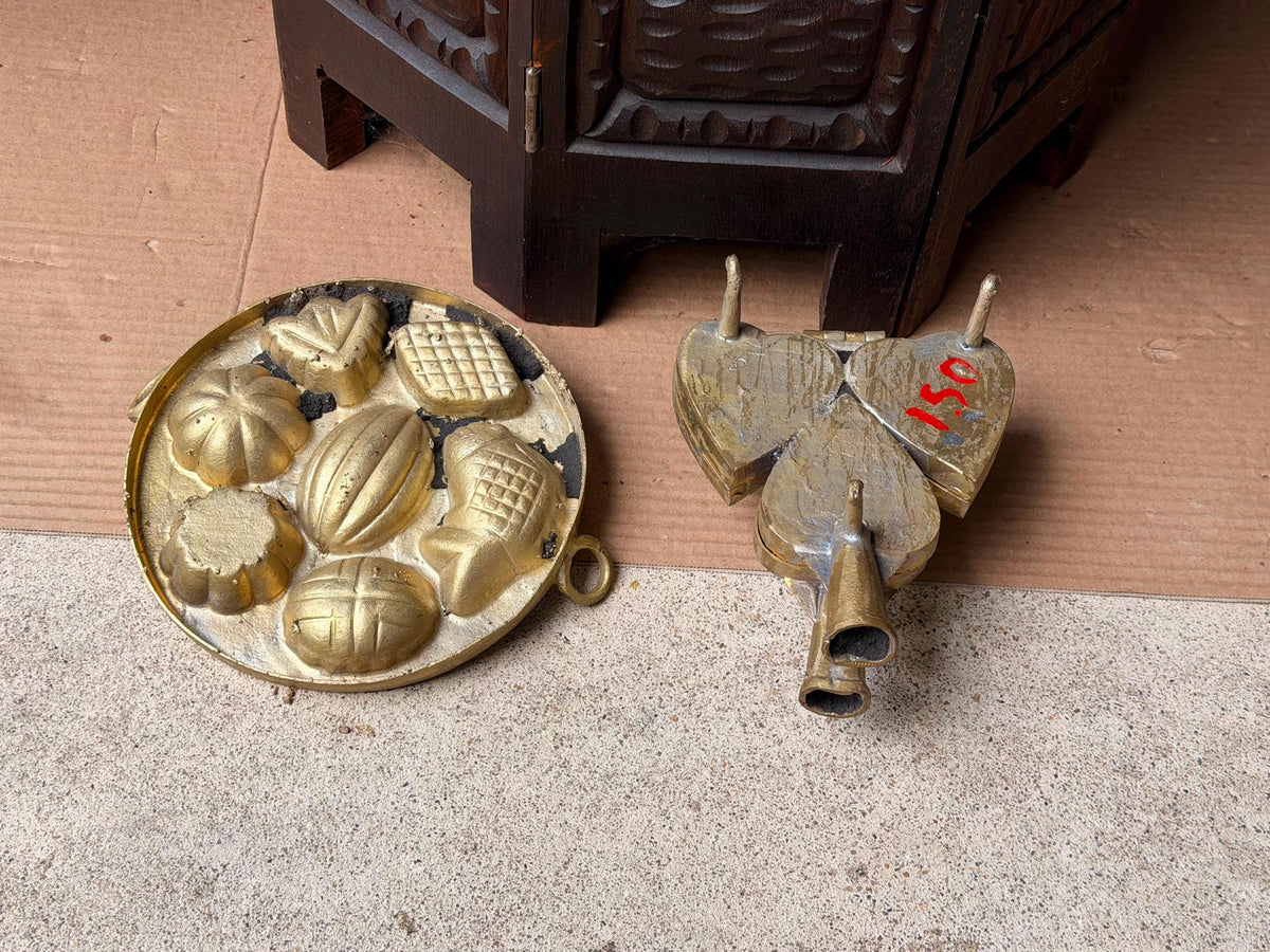 Vintage Brass Kue Waffle Iron & Multi-Cavity Cake Mold Pastry Press Set