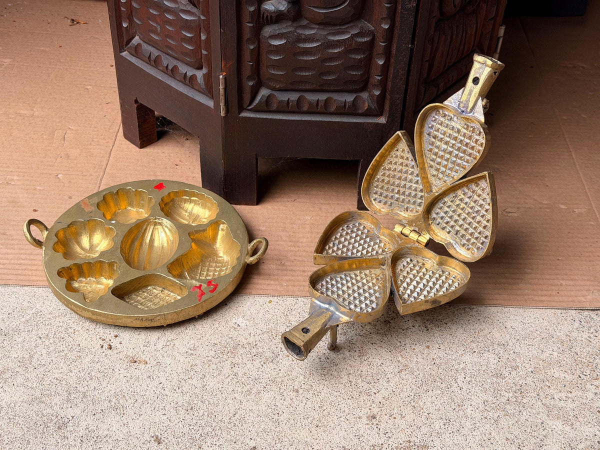 Vintage Brass Kue Waffle Iron & Multi-Cavity Cake Mold Pastry Press Set
