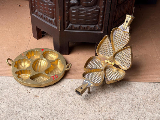 Vintage Brass Kue Waffle Iron & Multi-Cavity Cake Mold Pastry Press Set
