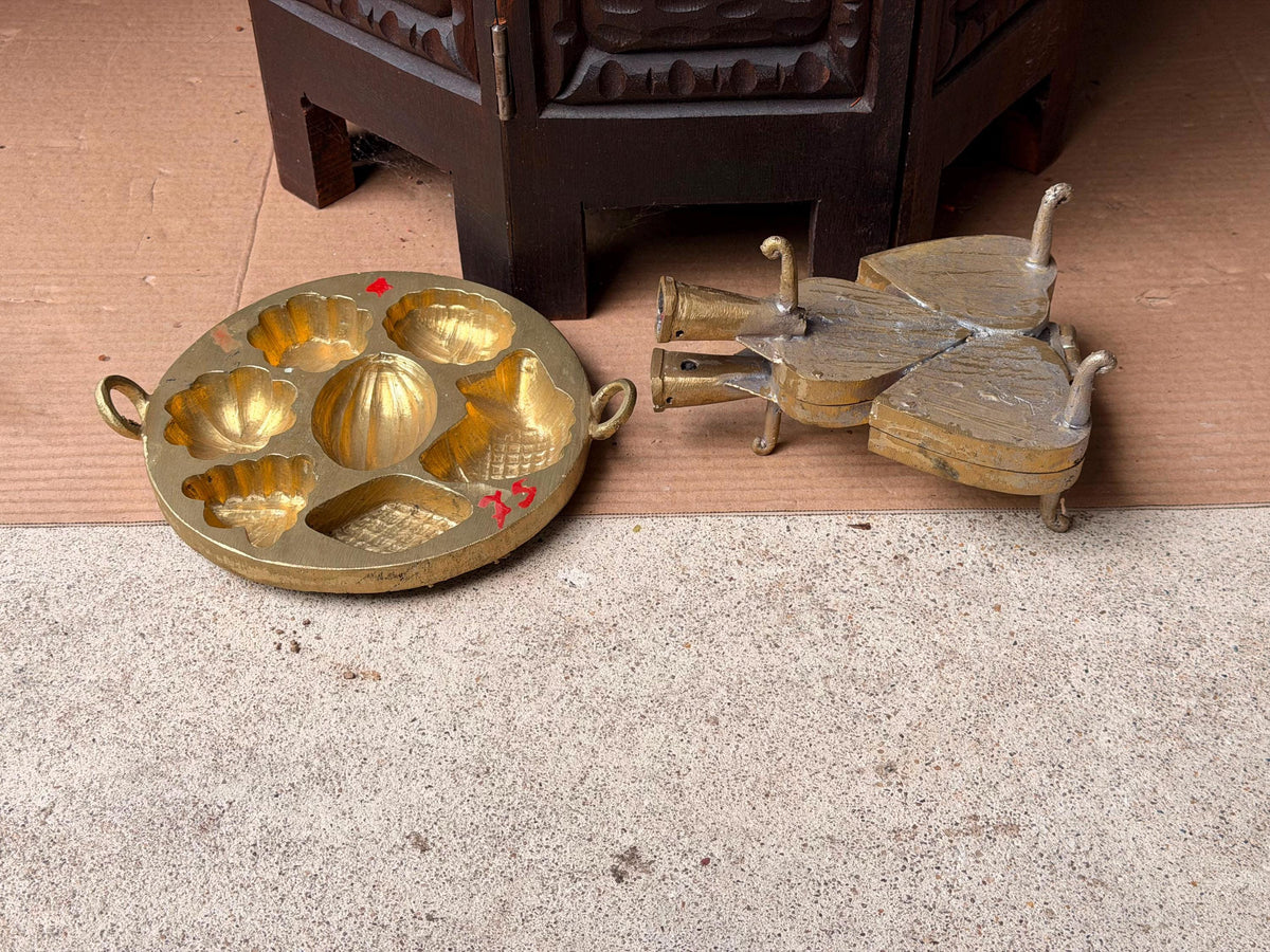 Vintage Brass Kue Waffle Iron & Multi-Cavity Cake Mold Pastry Press Set