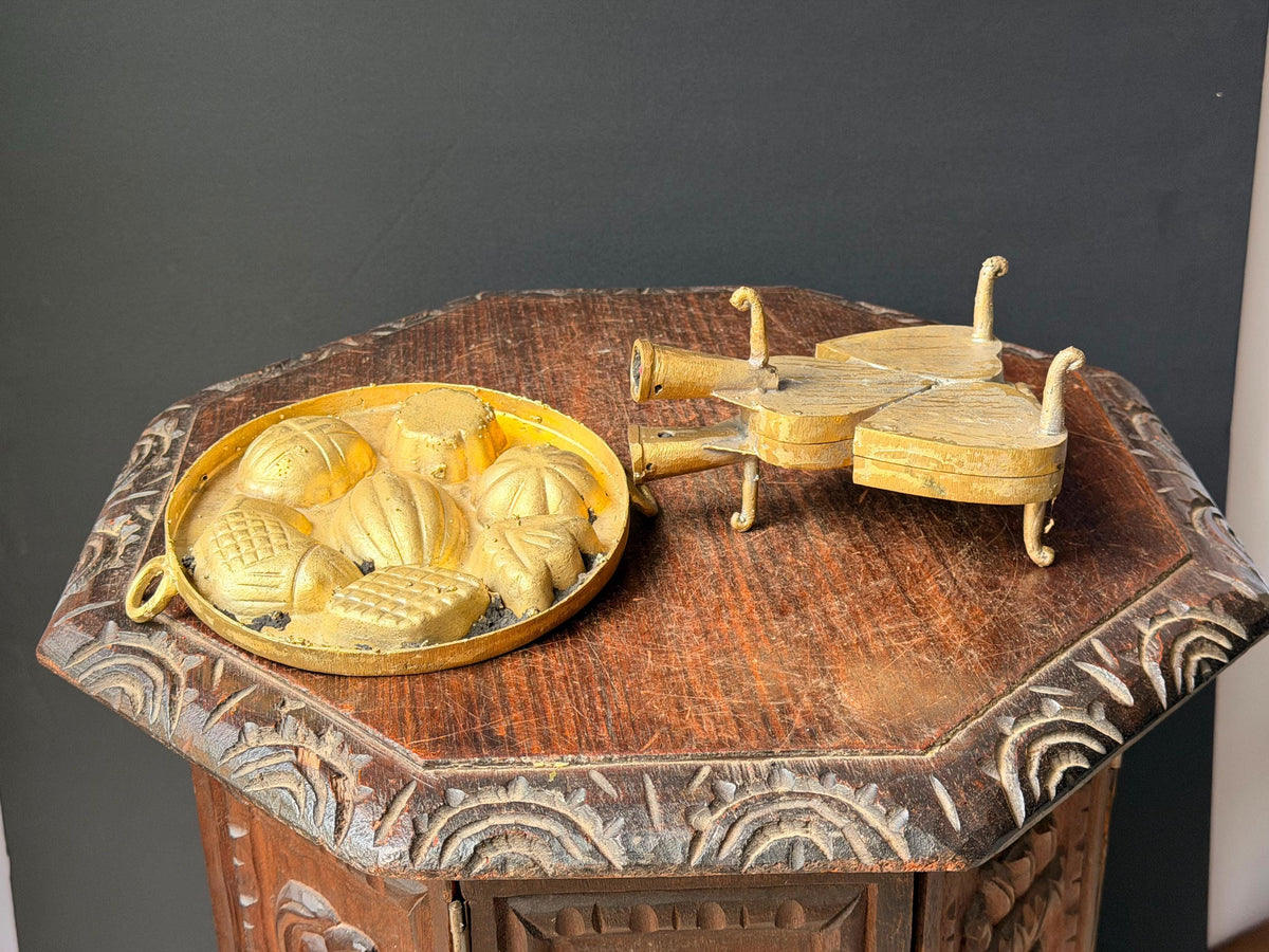 Vintage Brass Kue Waffle Iron & Multi-Cavity Cake Mold Pastry Press Set