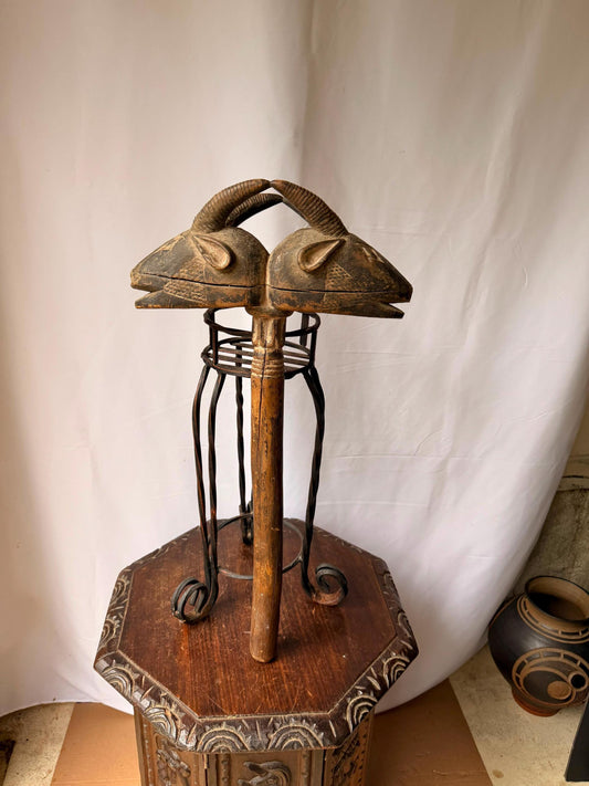 Vintage Igala Horned Ram Staff Nigeria African Art Carved Wood Scepter 24.5"