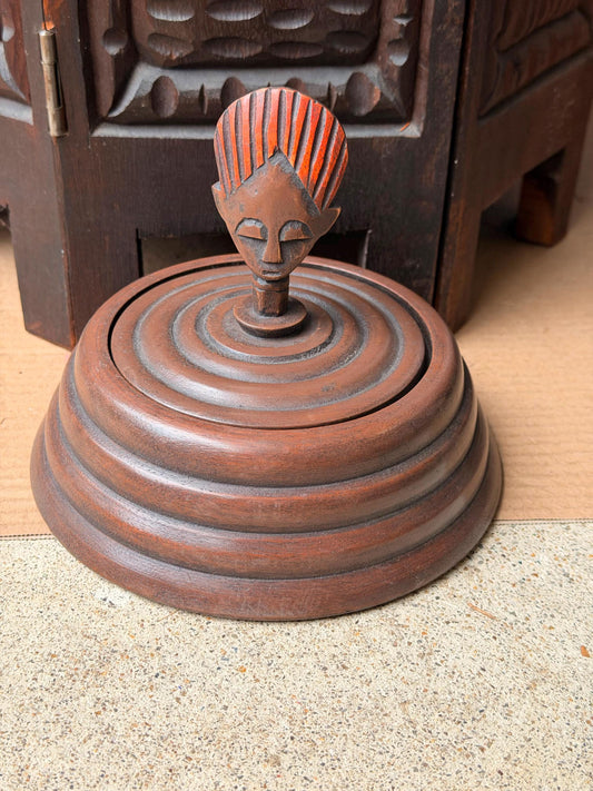 Vintage Ghana Carved Wood Lidded Box African Mask Finial Tiered Vessel 7"