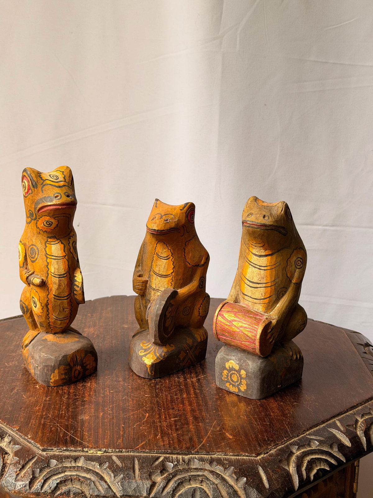 Vintage Carved Wood Frog Musician Trio Balinese Folk Art Band Statues 7.8"