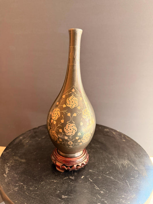 Vintage Middle Eastern Etched Brass Vase Figural Dancer Floral Bottle Stand 9 In