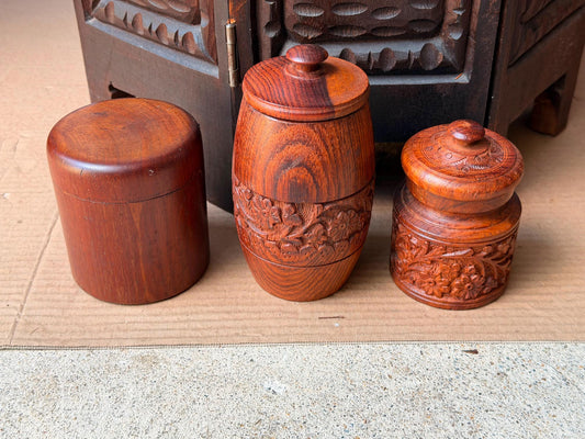 Vintage India Hand Carved Wood Lidded Canister Trio Set Floral Trinket Pots 5.5"