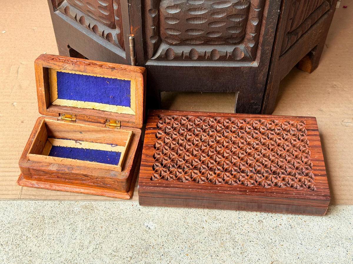 Vintage Indian Carved Wood Box Pair Sheesham Jali Lattice Jewelry Keepers 8"