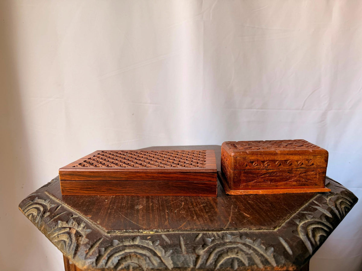 Vintage Indian Carved Wood Box Pair Sheesham Jali Lattice Jewelry Keepers 8"