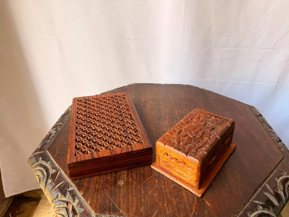 Vintage Indian Carved Wood Box Pair Sheesham Jali Lattice Jewelry Keepers 8"