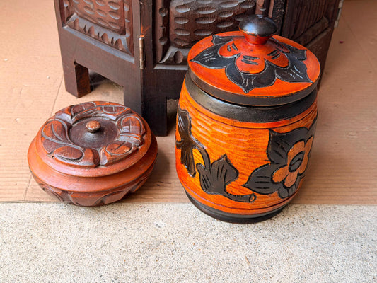Vintage Honduran Carved Wood Lidded Jar Canister Pair Floral Box 8"