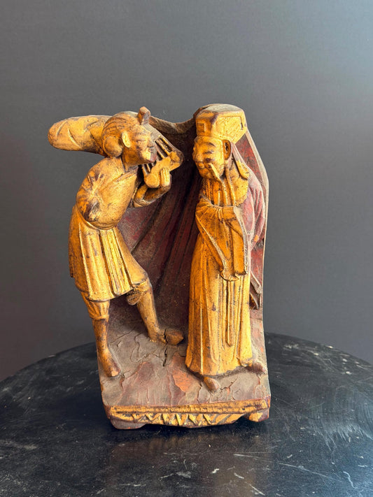 Vintage East Asian Gilt Wood Carving Architectural Panel Figures Relief 8.5"