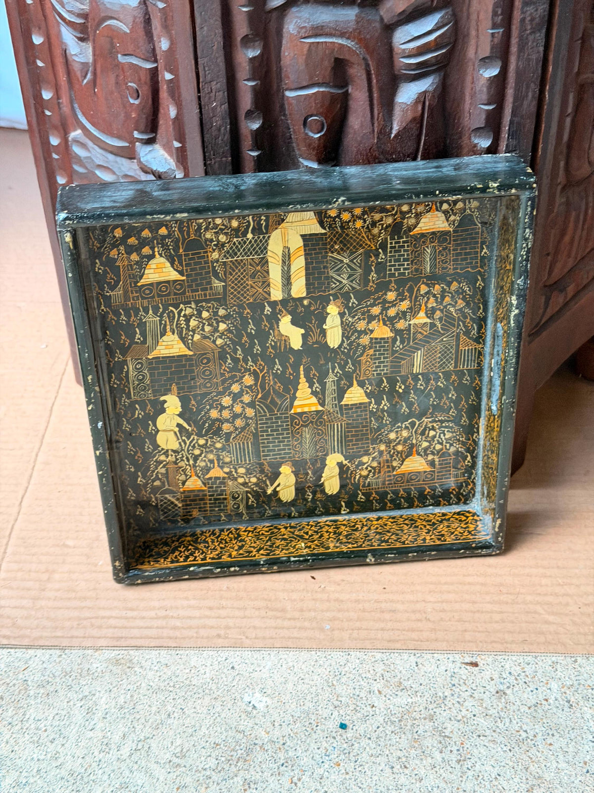 Vintage Indian Black Gold Lacquer Tray Hand Painted Architectural 8.5"