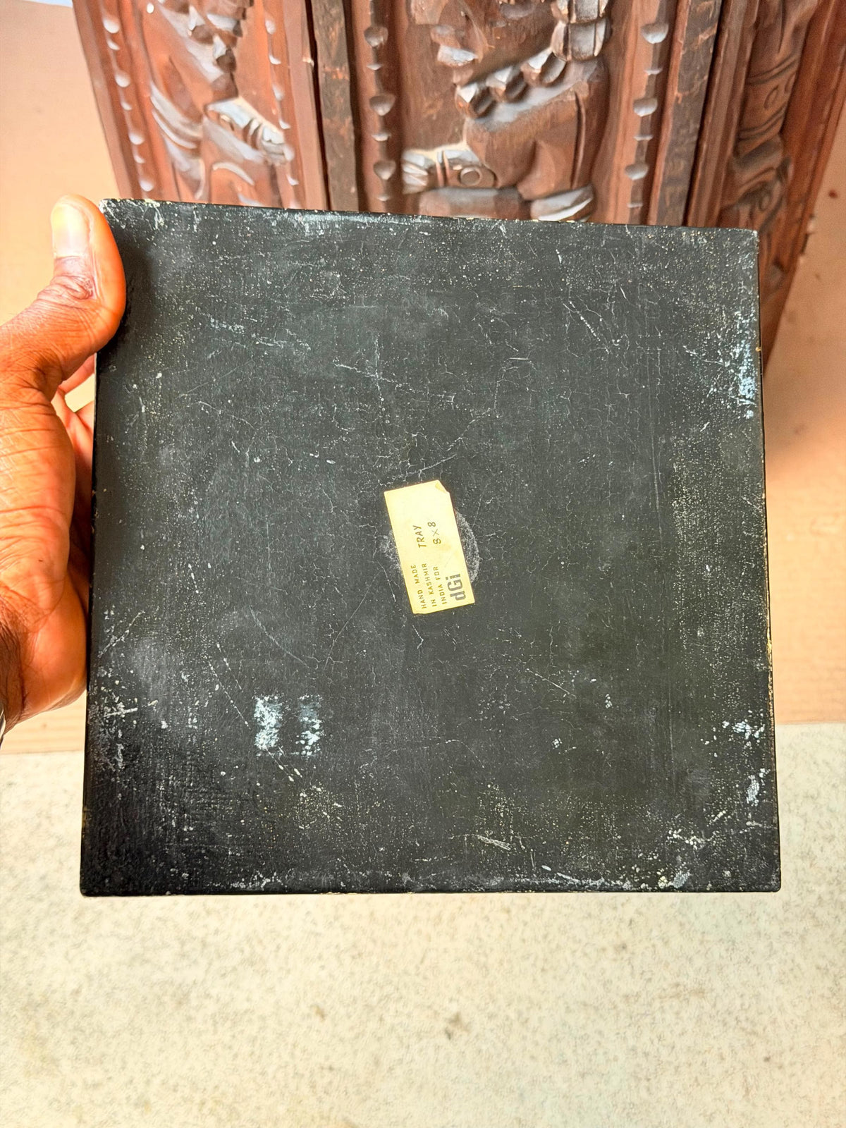 Vintage Indian Black Gold Lacquer Tray Hand Painted Architectural 8.5"
