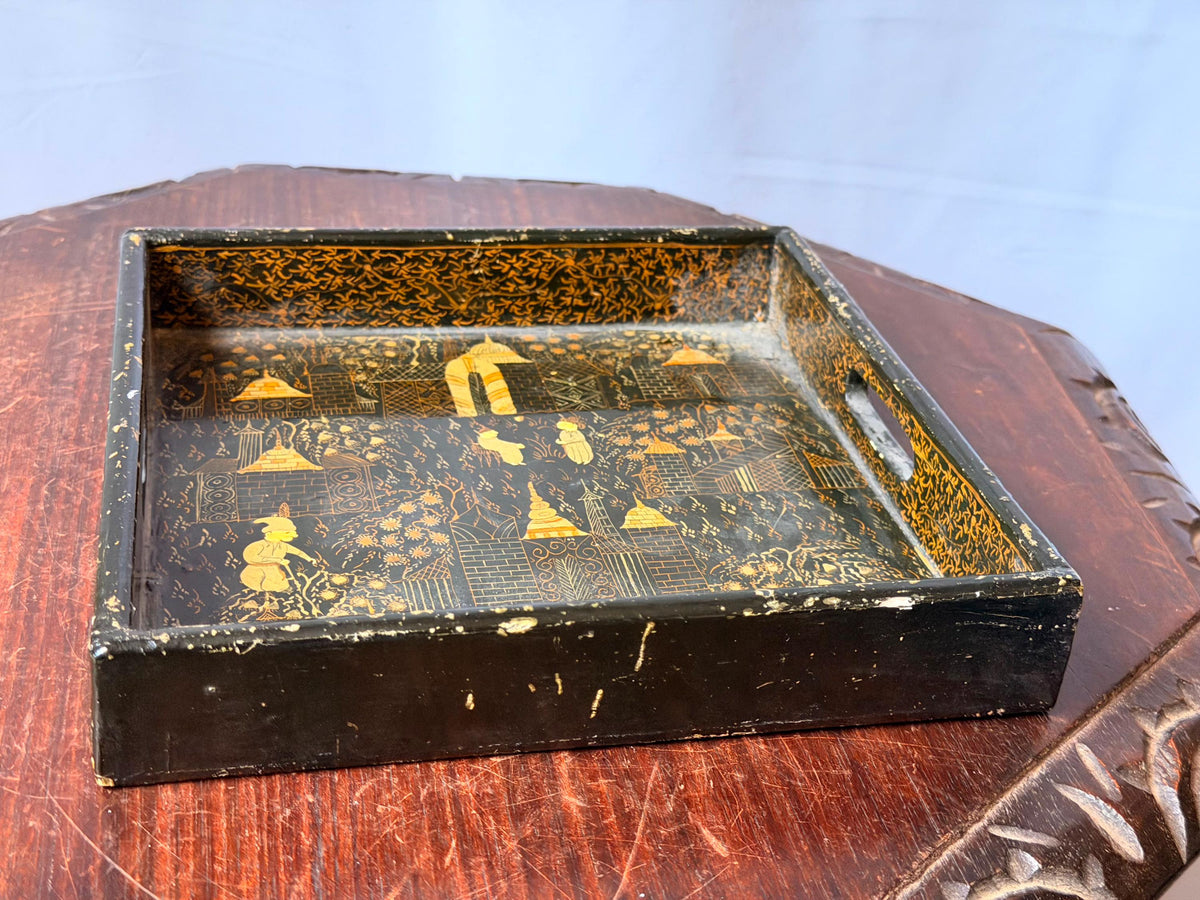 Vintage Indian Black Gold Lacquer Tray Hand Painted Architectural 8.5"