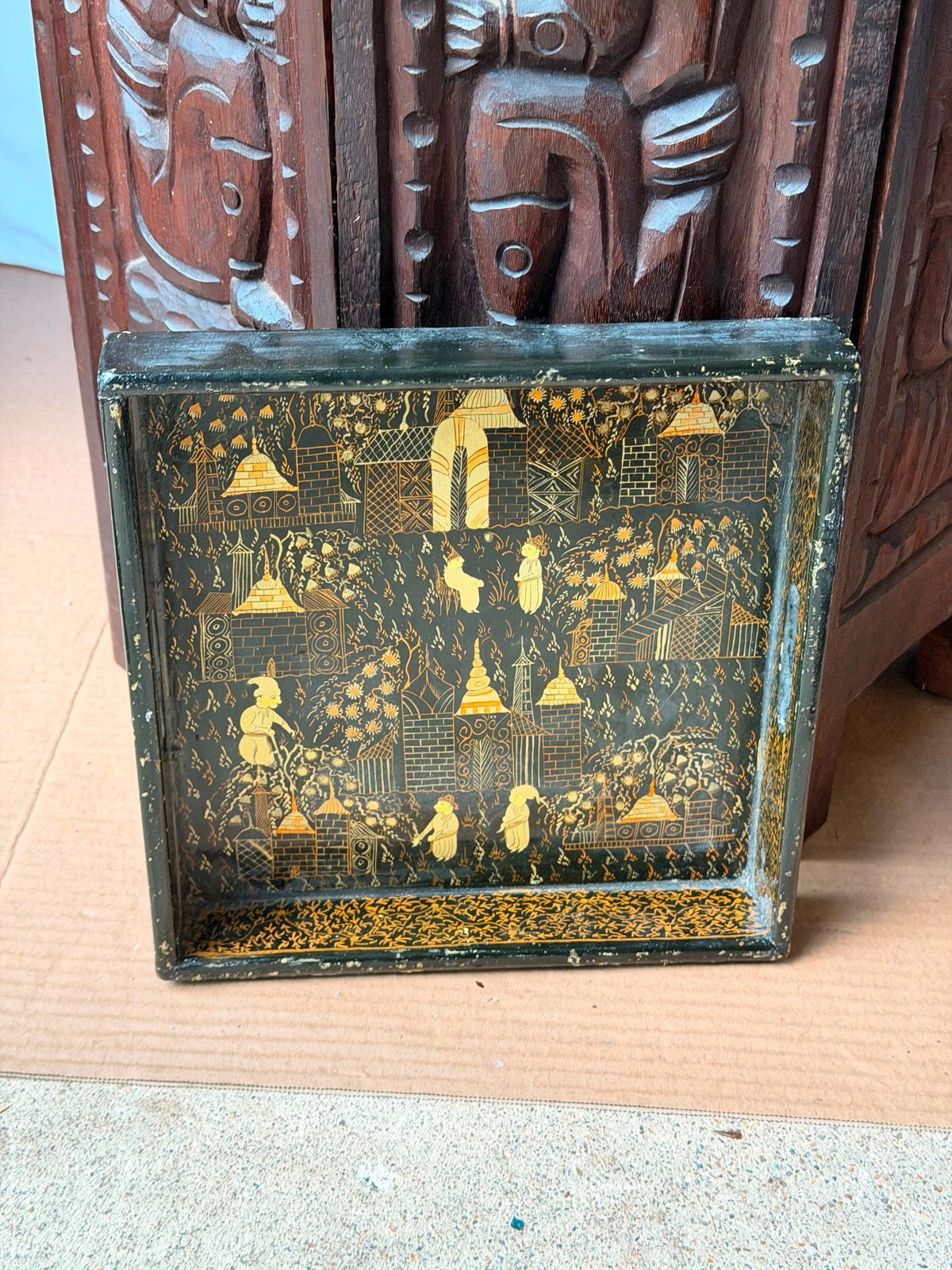 Vintage Indian Black Gold Lacquer Tray Hand Painted Architectural 8.5"