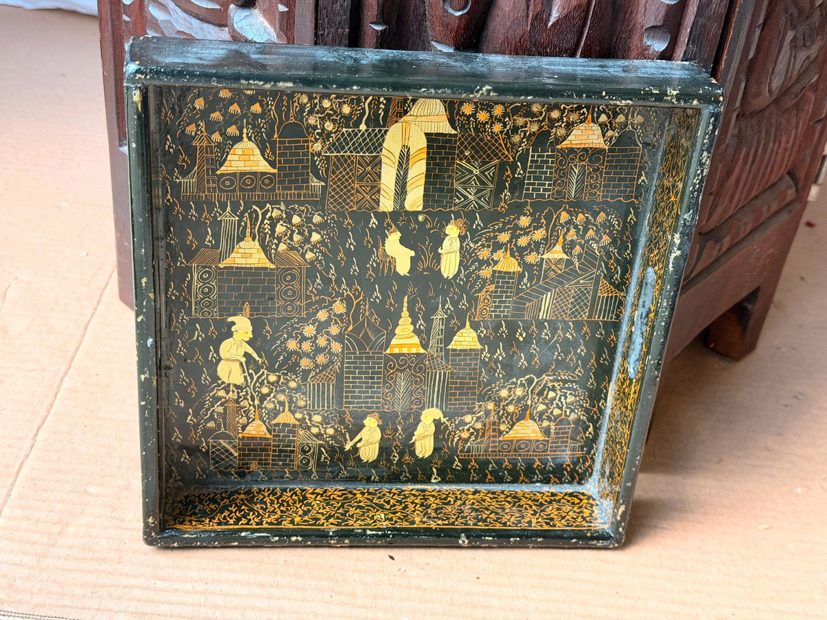 Vintage Indian Black Gold Lacquer Tray Hand Painted Architectural 8.5"