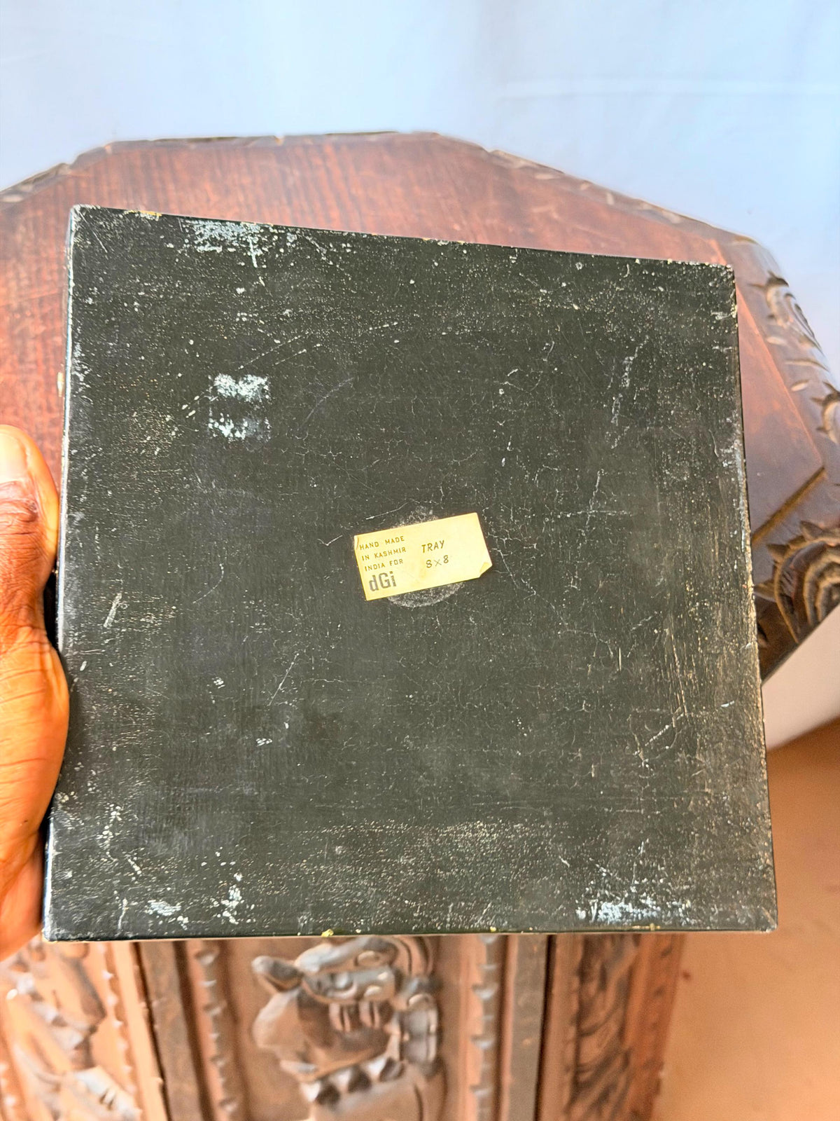 Vintage Indian Black Gold Lacquer Tray Hand Painted Architectural 8.5"