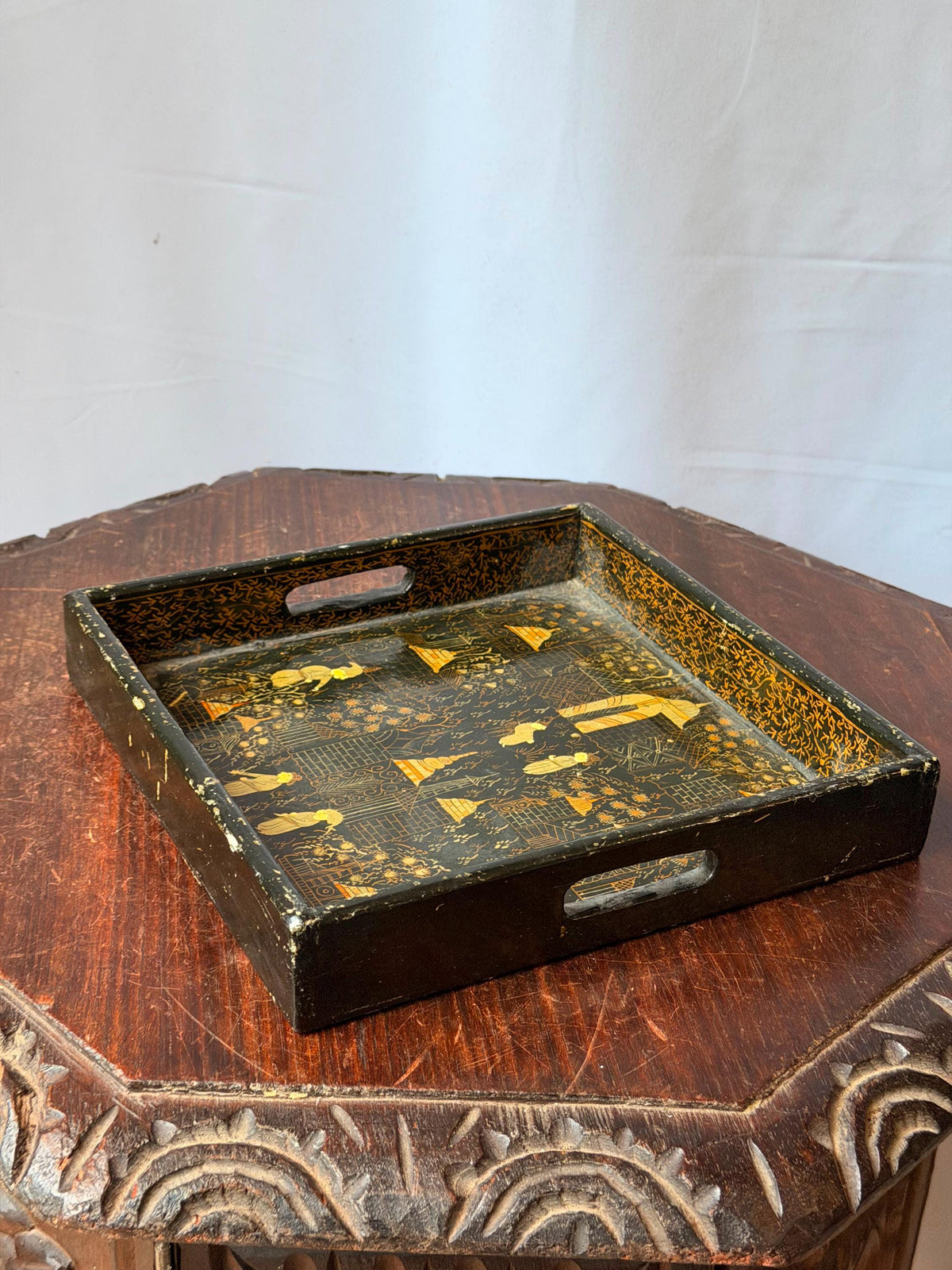 Vintage Indian Black Gold Lacquer Tray Hand Painted Architectural 8.5"