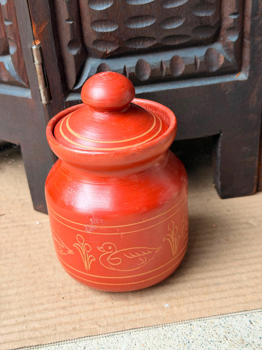 Vintage Red Turned Wood Lidded Jar Incised Duck Sri Lanka Folk Art Pot