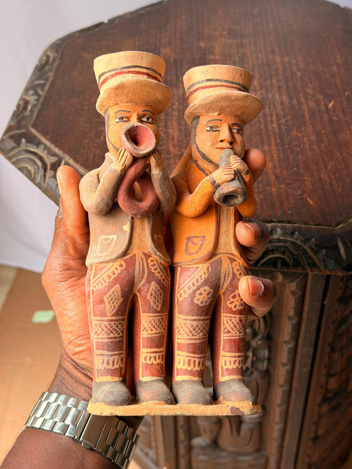 Vintage Peruvian Quinua Clay Musicians Figurine Horn Flute Band Folk Art