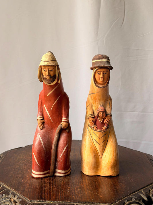 Vintage Peruvian Clay Nativity Figures Holy Family Andean Folk Art Statues Pair