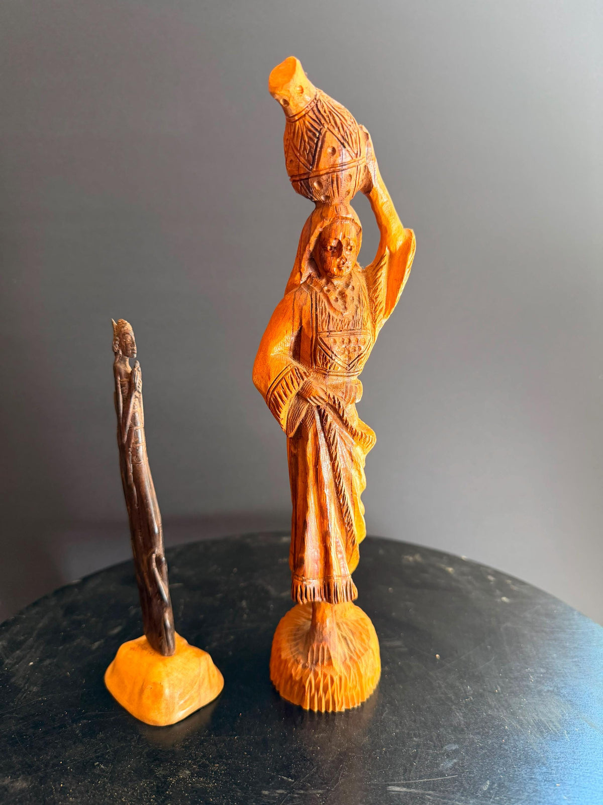 Vintage Hand Carved Wooden Figures Woman Water Pot Maiden Sculpture Folk Art 10"