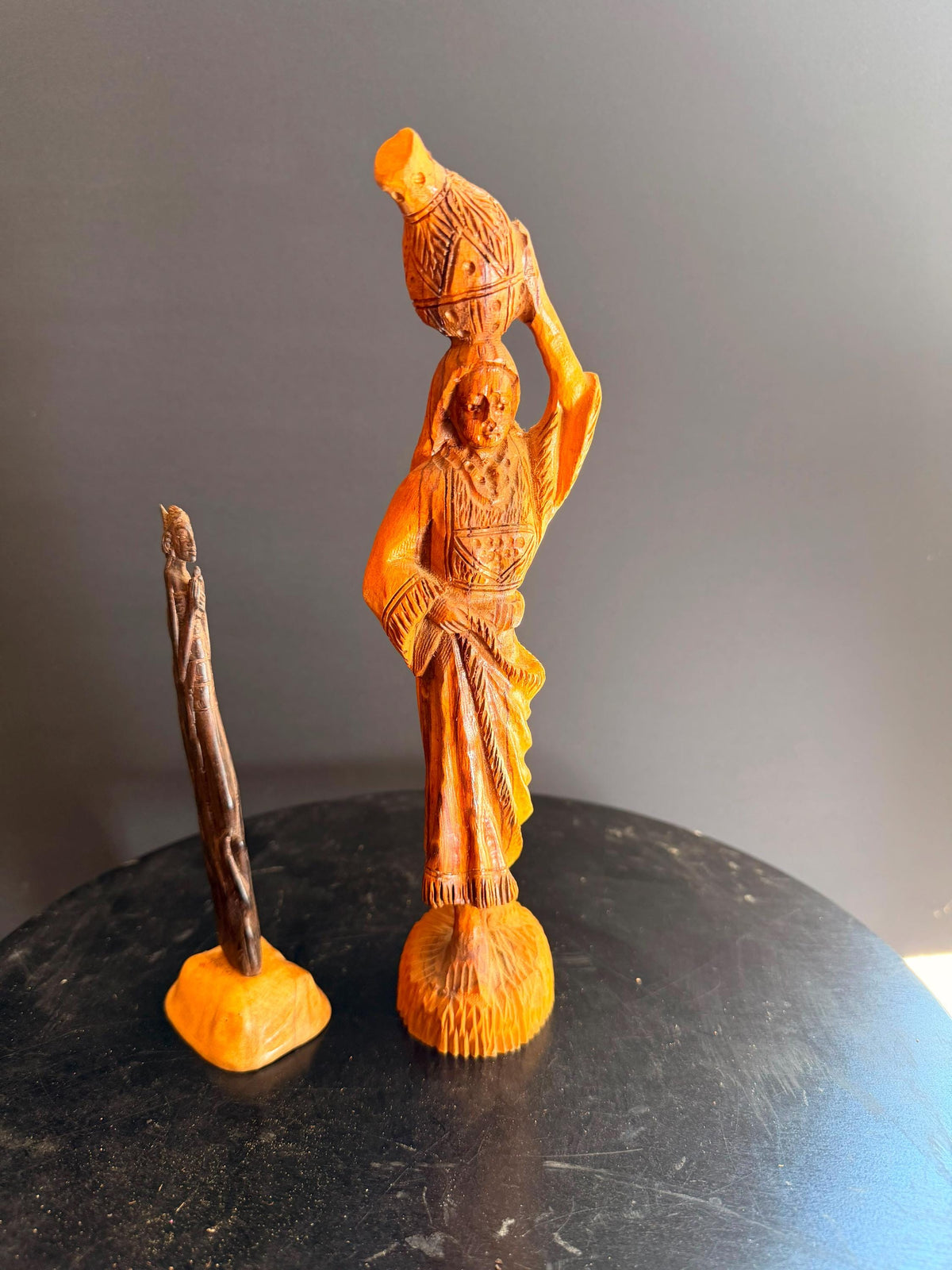 Vintage Hand Carved Wooden Figures Woman Water Pot Maiden Sculpture Folk Art 10"