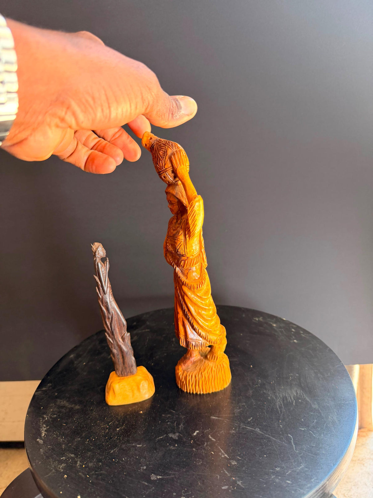 Vintage Hand Carved Wooden Figures Woman Water Pot Maiden Sculpture Folk Art 10"