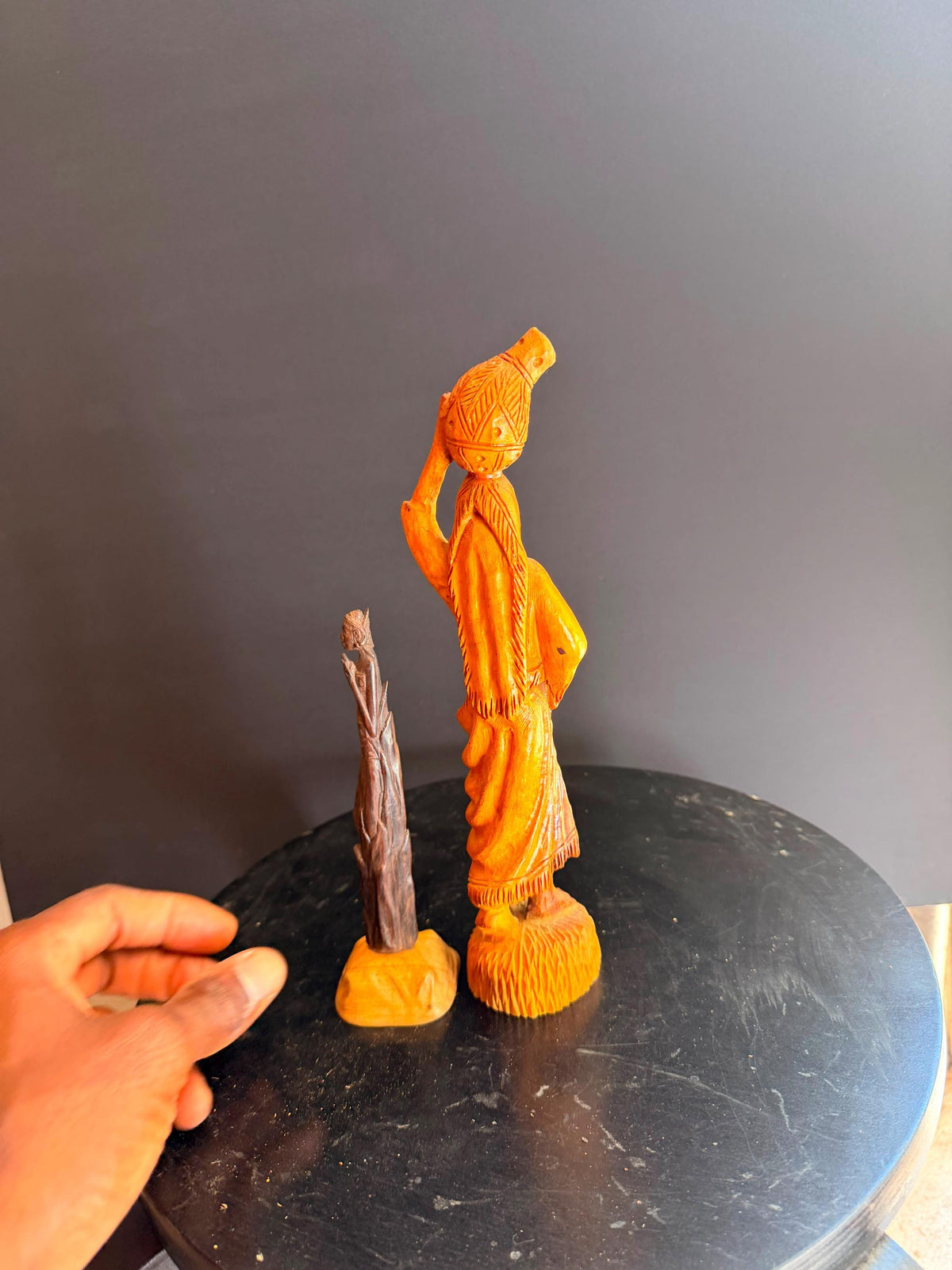 Vintage Hand Carved Wooden Figures Woman Water Pot Maiden Sculpture Folk Art 10"