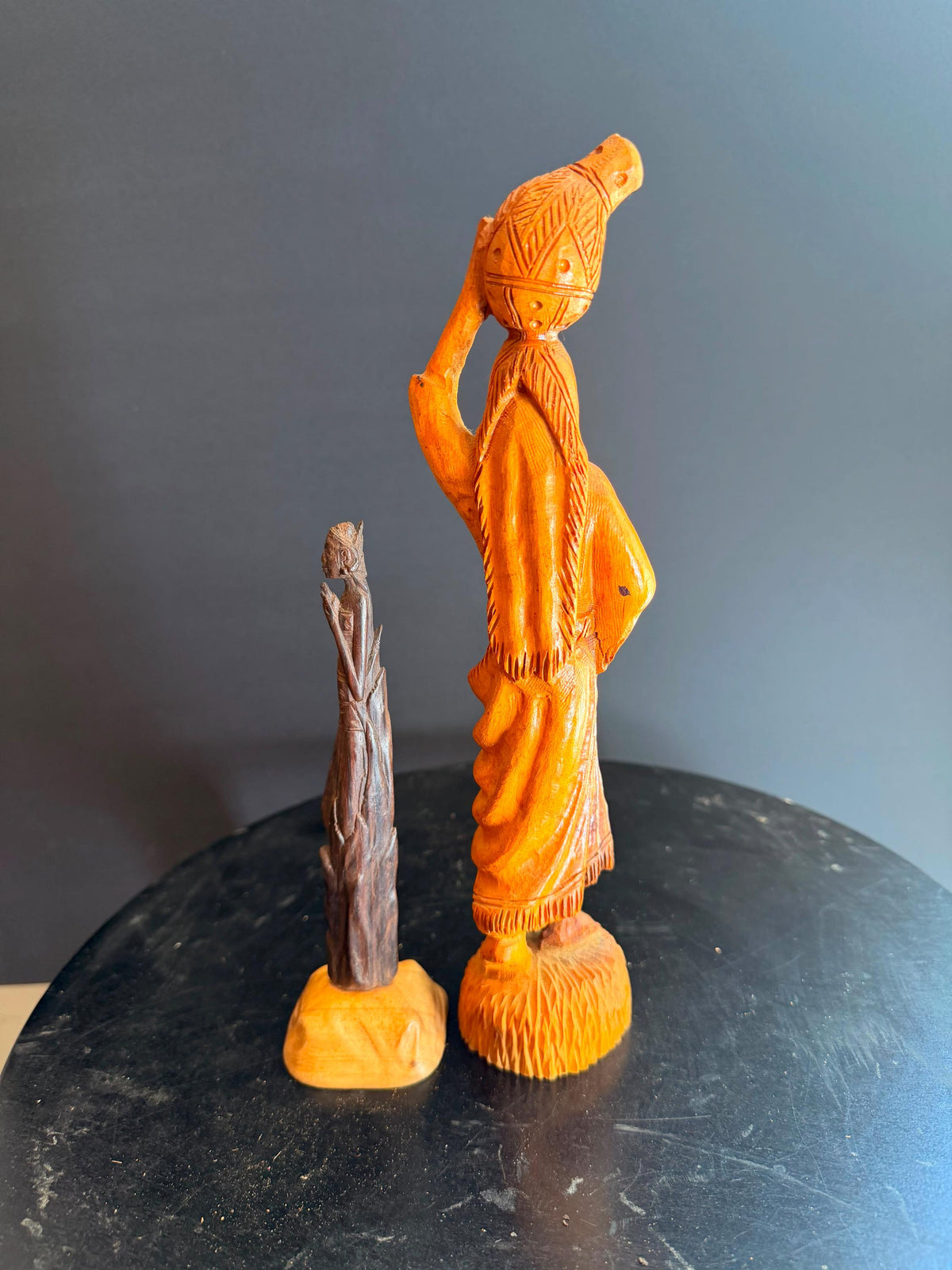 Vintage Hand Carved Wooden Figures Woman Water Pot Maiden Sculpture Folk Art 10"