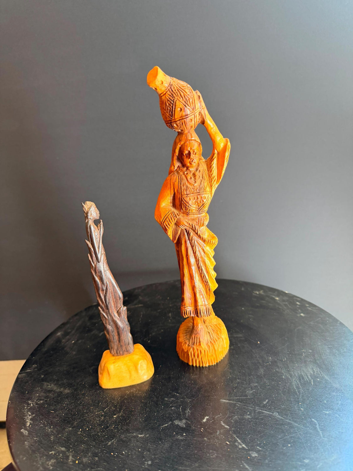 Vintage Hand Carved Wooden Figures Woman Water Pot Maiden Sculpture Folk Art 10"