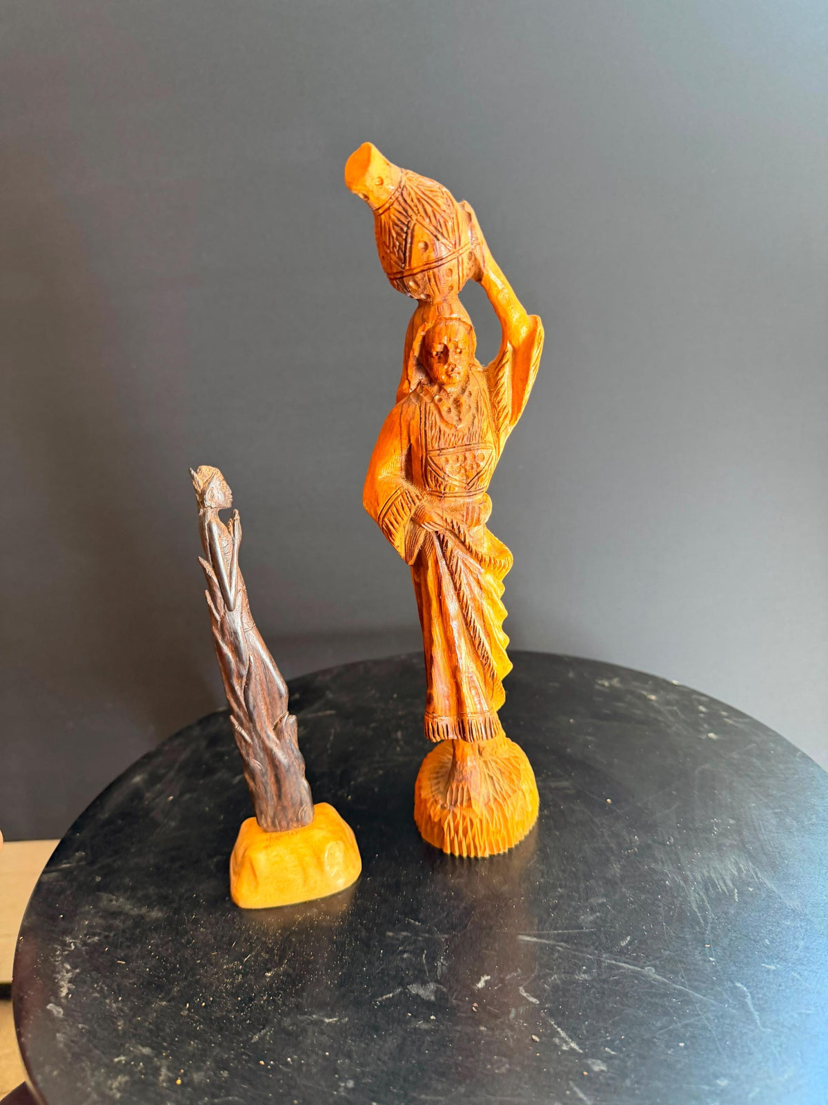 Vintage Hand Carved Wooden Figures Woman Water Pot Maiden Sculpture Folk Art 10"