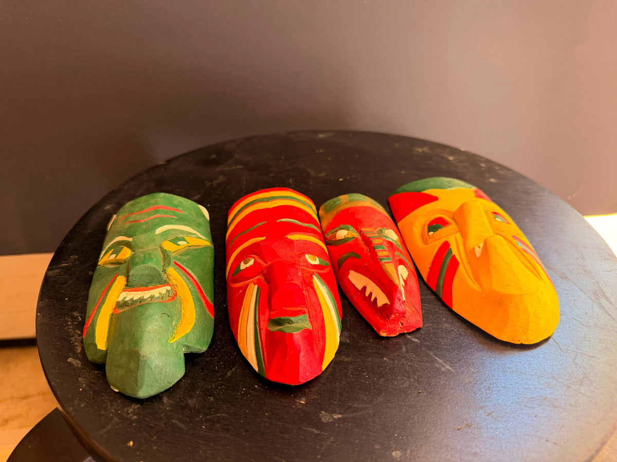 Vintage Hand Carved Wood Mini Mask Lot 4 Polychrome Folk Art Wall Sculpture 5.2"