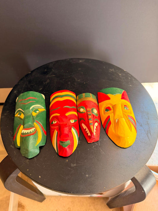 Vintage Hand Carved Wood Mini Mask Lot 4 Polychrome Folk Art Wall Sculpture 5.2"