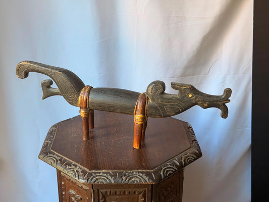 Dayak Carved Wood Zoomorphic Naga Headrest Rattan Leg Tribal Neck Rest 24"