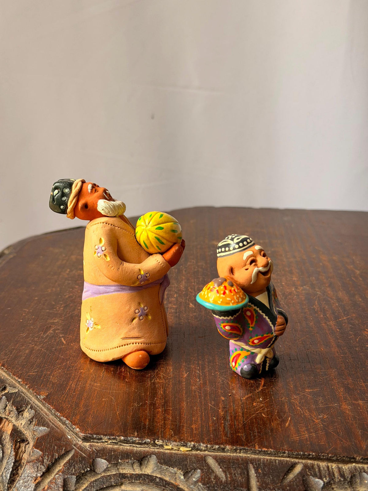 Vintage Central Asian Clay Figures Aksakal Melon Plov Folk Art Pair