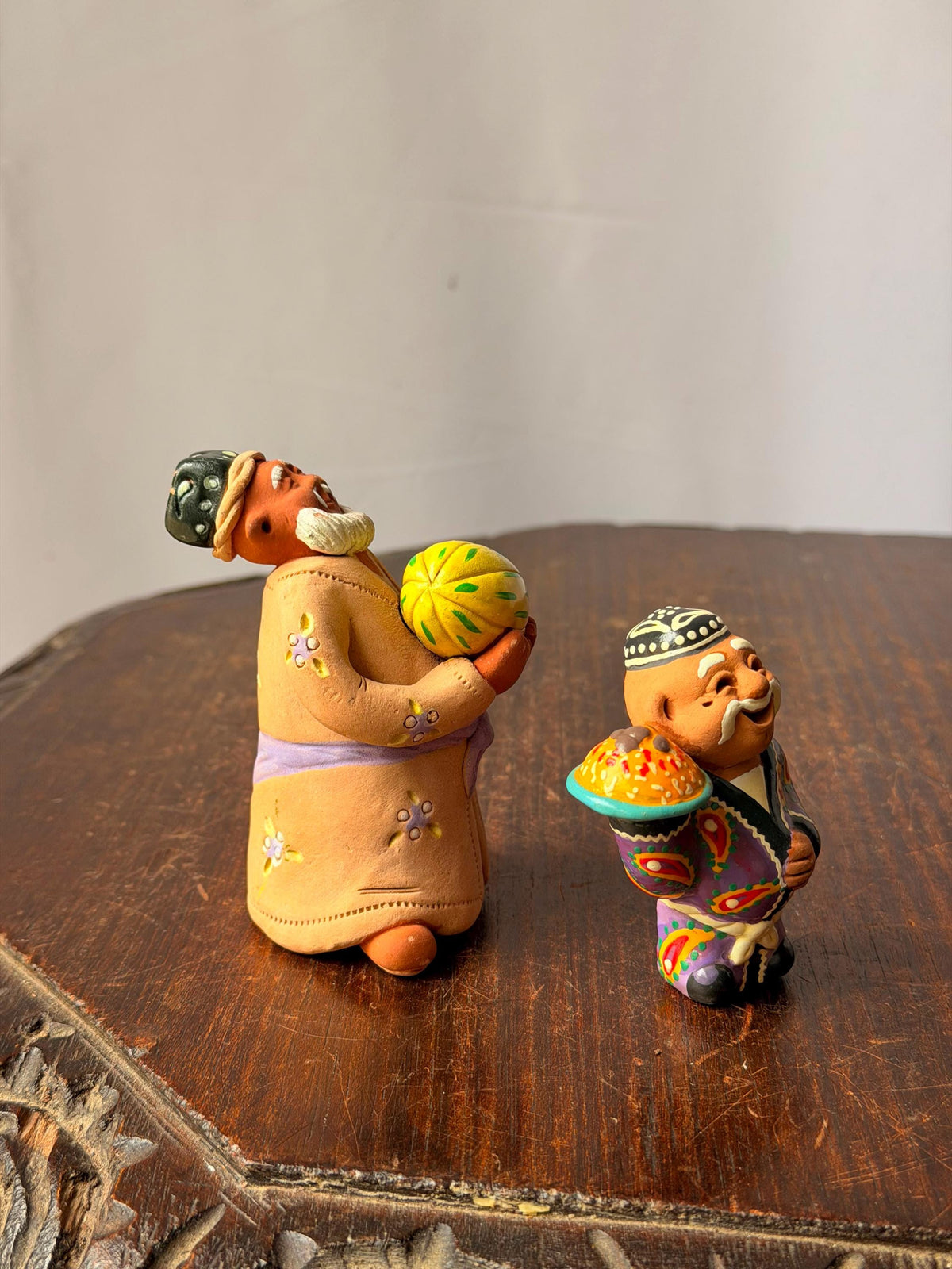 Vintage Central Asian Clay Figures Aksakal Melon Plov Folk Art Pair