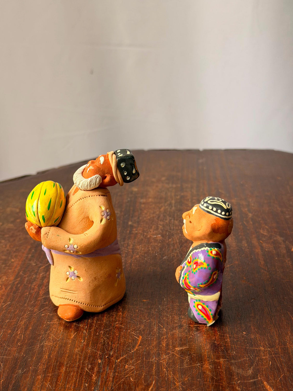 Vintage Central Asian Clay Figures Aksakal Melon Plov Folk Art Pair