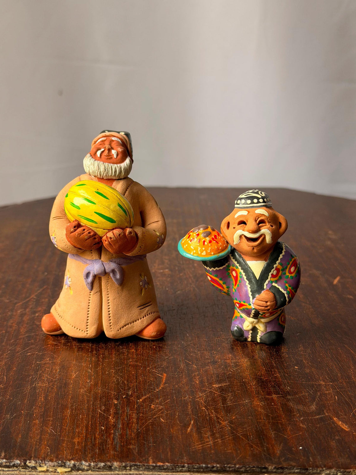 Vintage Central Asian Clay Figures Aksakal Melon Plov Folk Art Pair