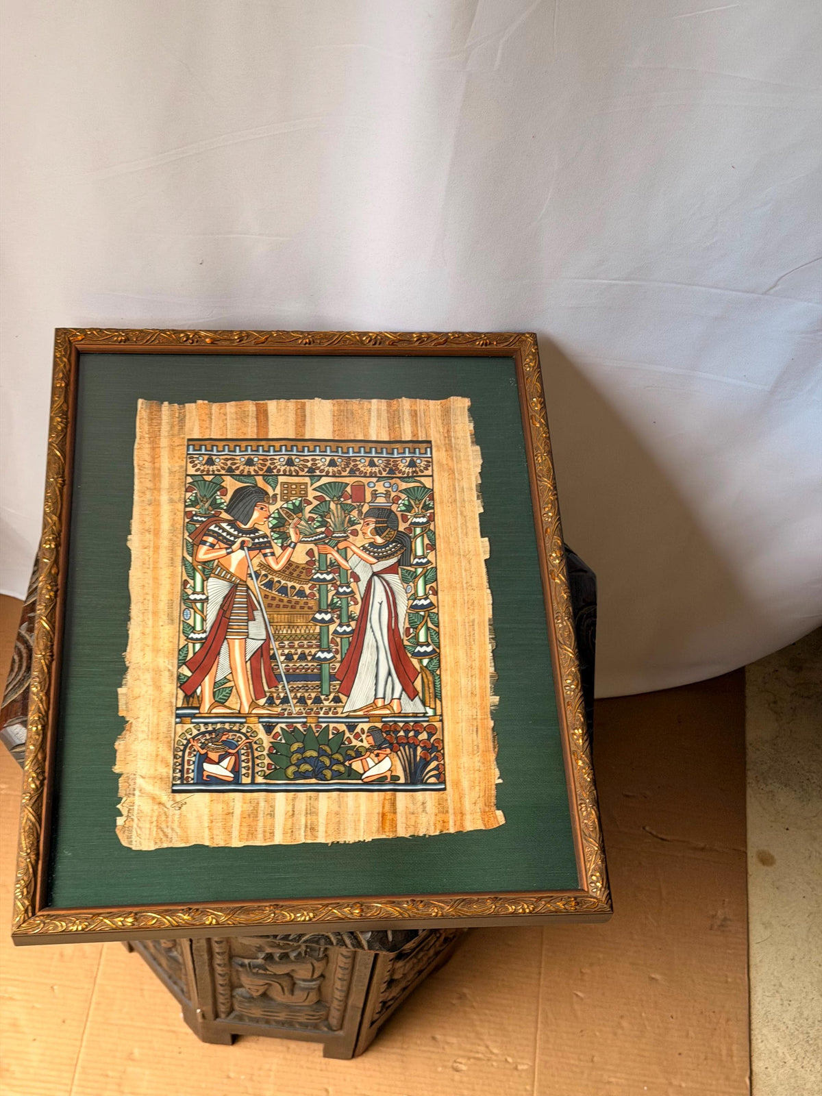 Framed Hand Painted Papyrus Painting Royal Garden Egyptian Revival Signed
