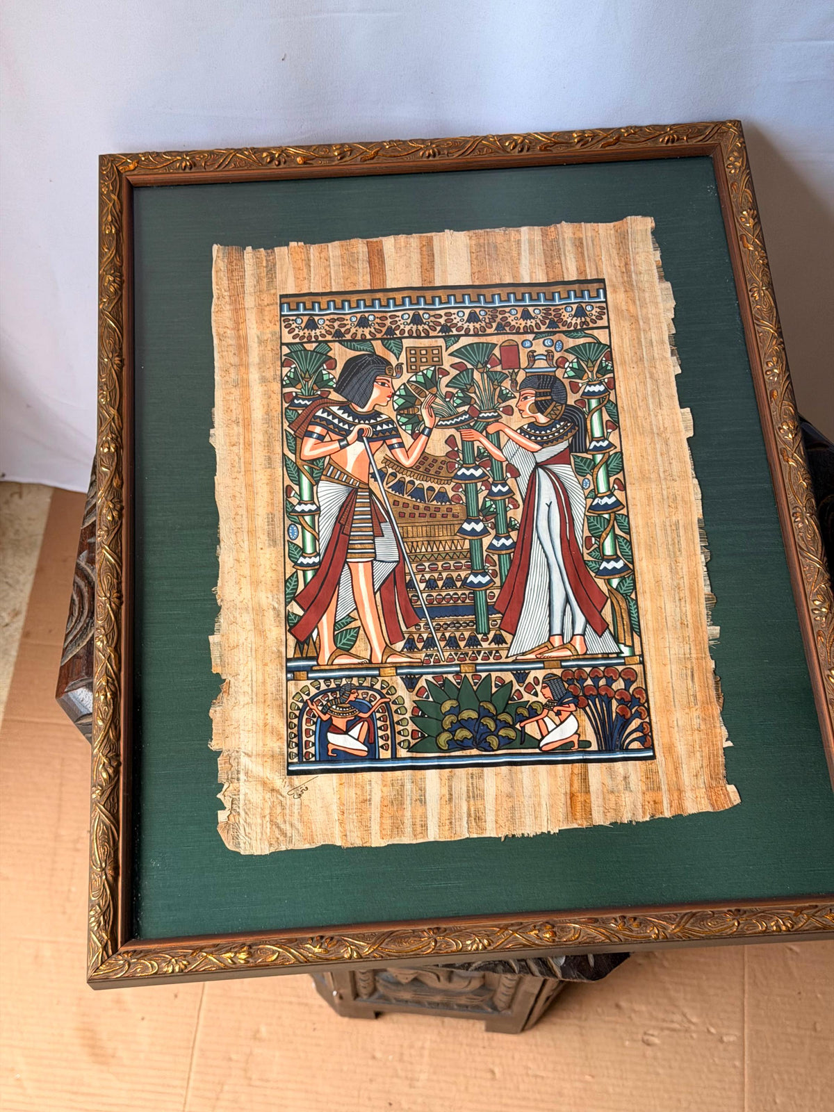 Framed Hand Painted Papyrus Painting Royal Garden Egyptian Revival Signed