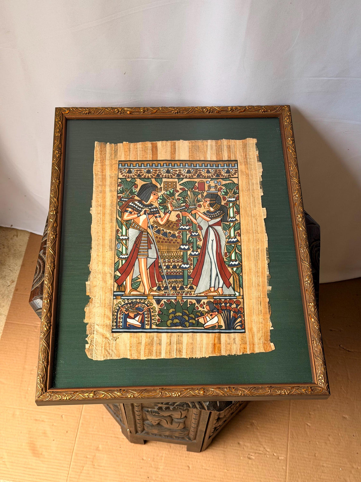 Framed Hand Painted Papyrus Painting Royal Garden Egyptian Revival Signed
